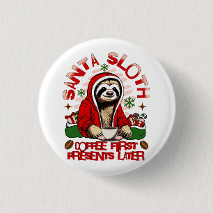 Santa sloth sipping coffee  3 cm round badge