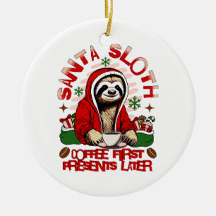 Santa sloth sipping coffee ceramic tree decoration