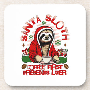Santa sloth sipping coffee coaster