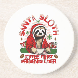 Santa sloth sipping coffee coaster