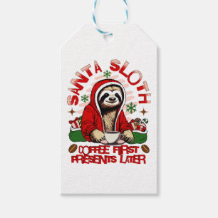 Santa sloth sipping coffee gift tags