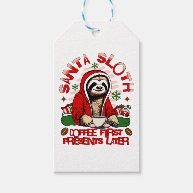 Santa sloth sipping coffee  gift tags (Front)