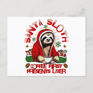 Santa sloth sipping coffee holiday postcard