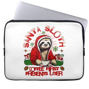 Santa sloth sipping coffee  laptop sleeve