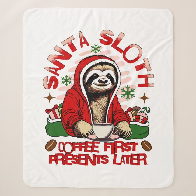 Santa sloth sipping coffee  sherpa blanket (Front)