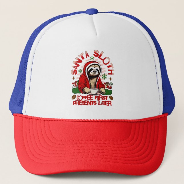 Santa sloth sipping coffee  trucker hat (Front)