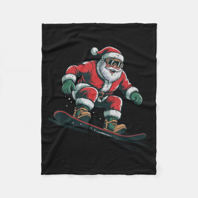 Santa Snowboarding Christmas Holiday Retro Vintage Fleece Blanket (Front)