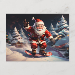Santa snowboarding on mountain holiday postcard