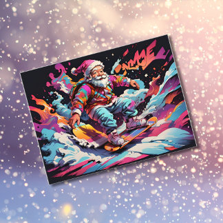 Santa snowboarding Psychedelic colours Holiday Postcard