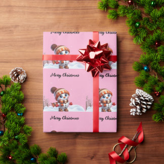 Santa & snowflakes on a pink background Christmas Wrapping Paper