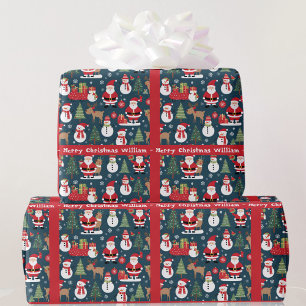 Santa Snowman Add Name & Text Cute Christmas Wrapping Paper