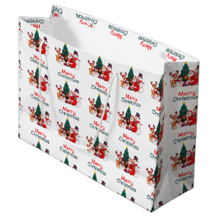 Santa Snowman And Reindeer Festive Merry Christmas Large Gift Bag