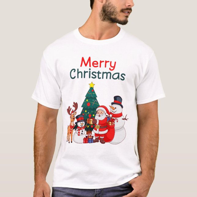 Santa Snowman And Reindeer Festive Merry Christmas T-Shirt (Front)