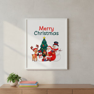 Santa, Snowman And Reindeer Merry Christmas Poster