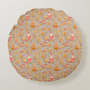Santa & Snowman Gingerbread Christmas Cookies Round Cushion