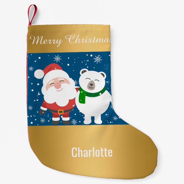 Santa Snowman Gold Christmas Stocking customisable (Front)