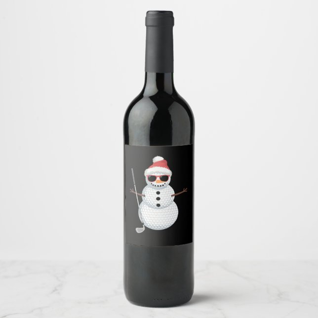Santa Snowman Golf Ball Christmas Golfer Gift  Wine Label (Front)