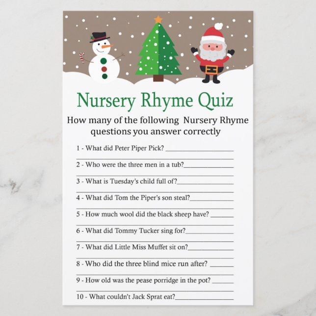 Santa,snowman Nursery Rhyme Quiz baby shower game (Front)