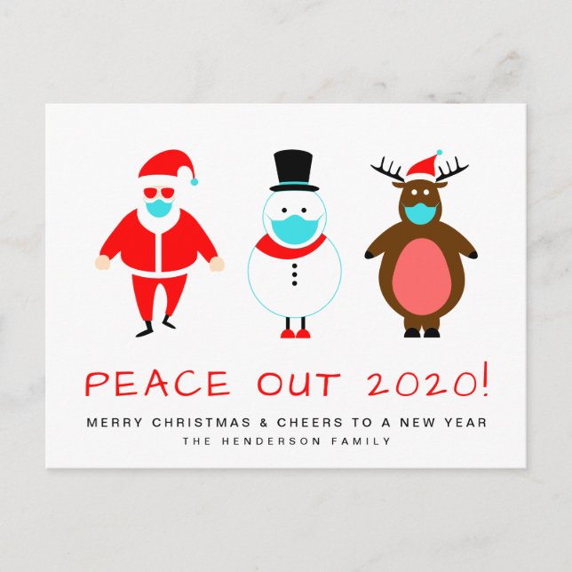 Santa Snowman Reindeer Mask Funny Peace Out 2020 Holiday Postcard (Front)