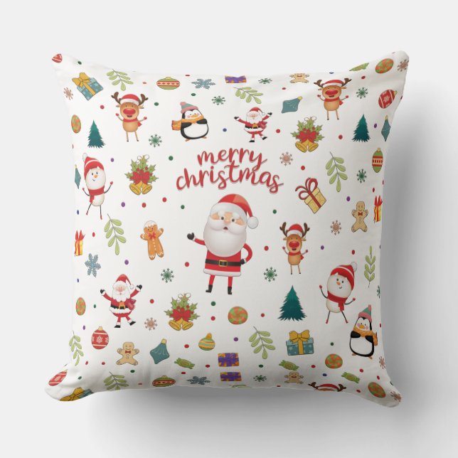 Santa, Snowman, Reindeer Pattern Merry Christmas.  Cushion (Front)