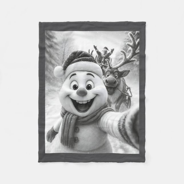 Santa Snowman Reindeer Taking A Selfie Photo Chris Fleece Blanket (Front)