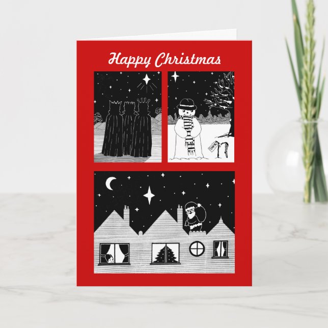 santa snowman three kings black and white xmas holiday card (Front)