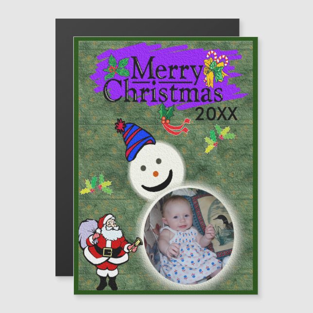 Santa & Snowman Your Photo Magnetic Christmas Card (Front/Back)