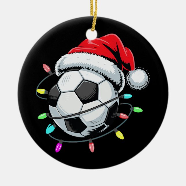 Santa Soccer Ball Christmas Lights Kids Boys Women Ceramic Tree Decoration (Front)