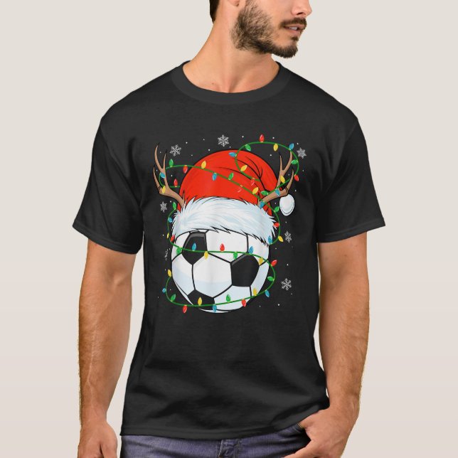 Santa Soccer Ball Xmas Lights Christmas Soccer Pla T-Shirt (Front)