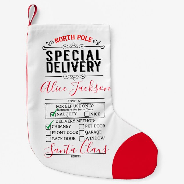 Santa Special delivery nice list elf note letter Small Christmas Stocking (Front)