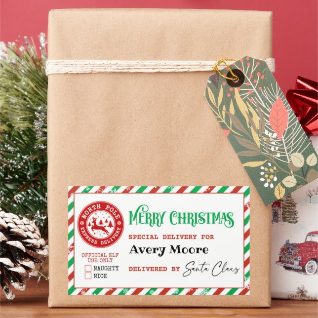 Santa Special Delivery North Pole Christmas Gift Rectangular Sticker (Holiday)