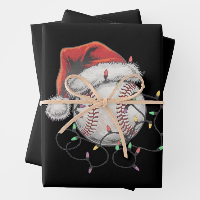 Santa Sports Christmas Baseball Player Wrapping Paper Sheet (In situ)