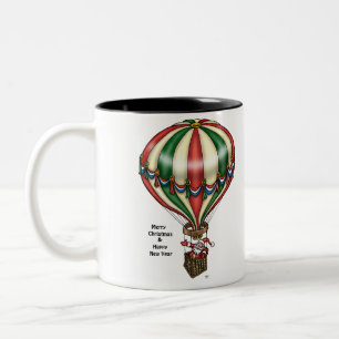 Santa Spreads Good Cheer From Hot Air Balloon Two-Tone Coffee Mug