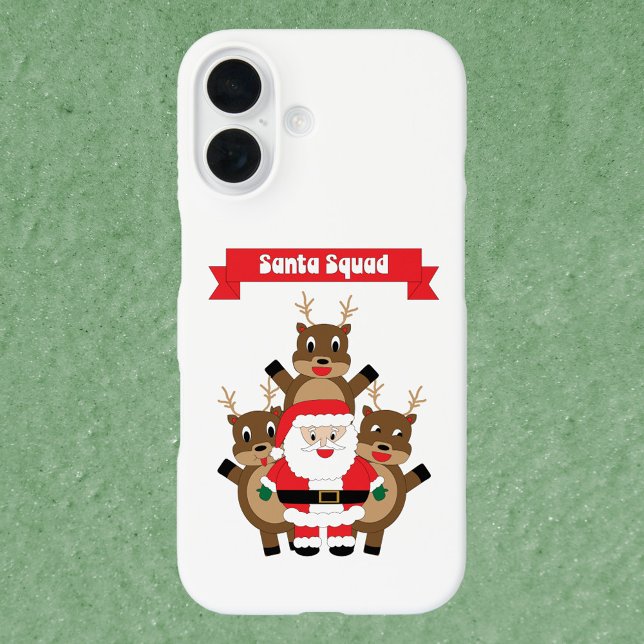 Santa Squad Christmas Reindeer Funny Case-Mate iPhone Case (A phone case with a graphic of Santa & reindeer with a red banner that reads Santa Squad.)