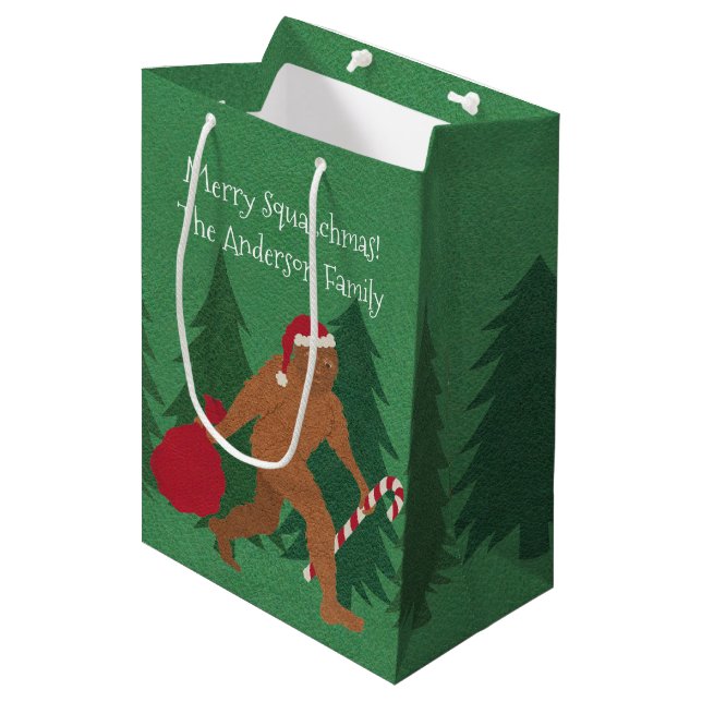 Santa Squatch Christmas Medium Cartoon Bigfoot Medium Gift Bag (Front Angled)