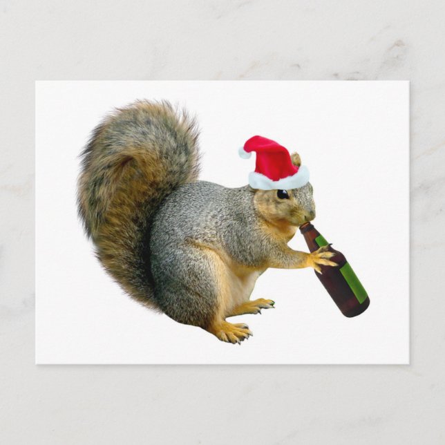 Santa Squirrel Drinking Beer Holiday Postcard (Front)