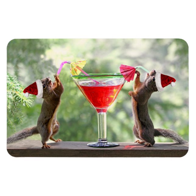 Santa Squirrels Drinking a Cocktail Magnet (Horizontal)