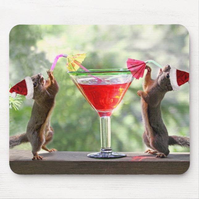 Santa Squirrels Drinking a Cocktail Mouse Mat (Front)