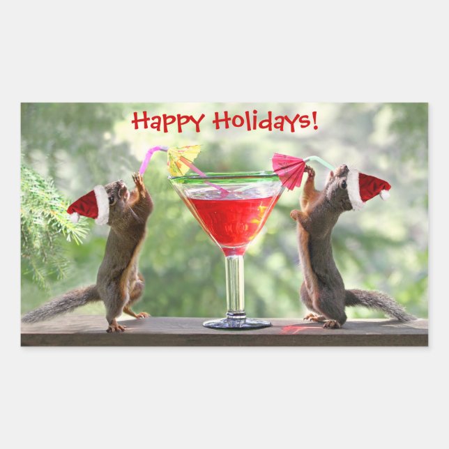 Santa Squirrels Drinking a Cocktail Rectangular Sticker (Front)