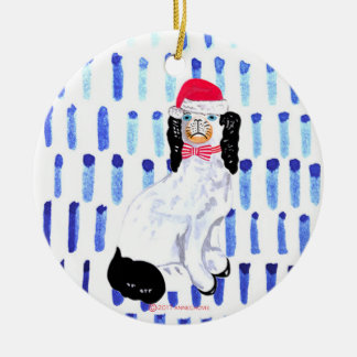 Santa Staffordshire dog on blue Ceramic Ornament