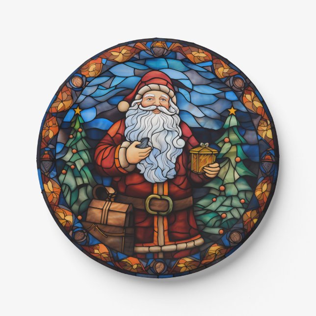 Santa Stained Glass Style Christmas Paper Plates (Front)