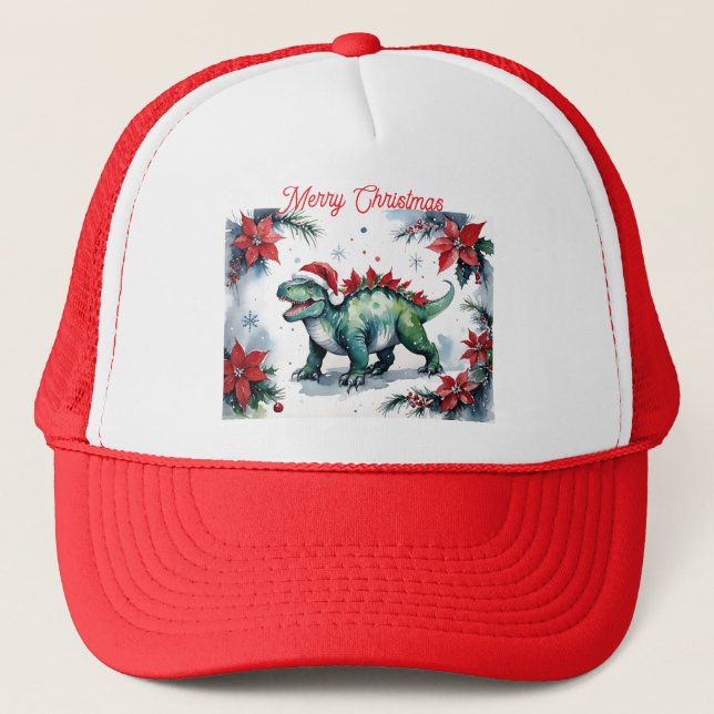 Santa Stegosaurus Dinosaur & Christmas Poinsettias Trucker Hat (Front)