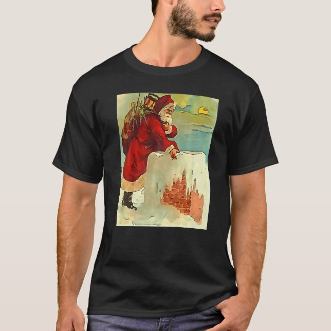 Santa Stepping Into A Rooftop Chimney Black Outlin T-Shirt (Front)
