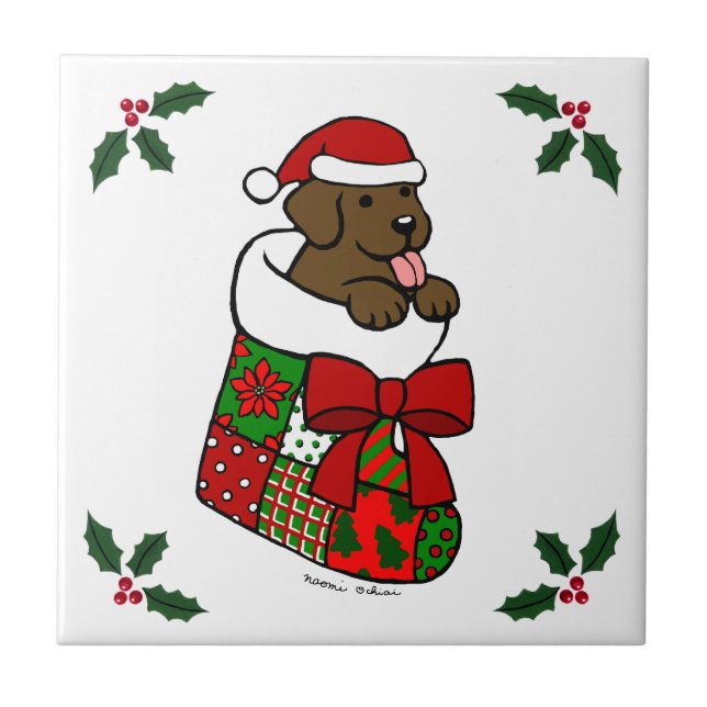 Santa Stocking Chocolate Labrador Puppy Cartoon Tile (Front)