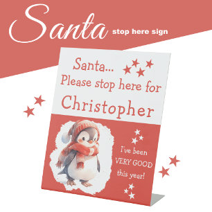 Santa stop here add name cute penguin red pedestal sign