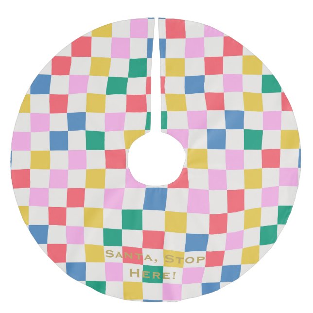 Santa, Stop Here! Colourful chequered personalised Brushed Polyester Tree Skirt (Front)