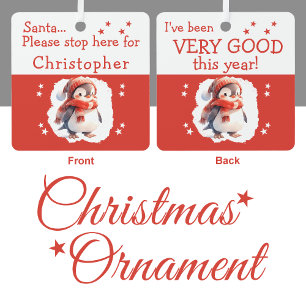 Santa stop here name cute penguin red metal tree decoration