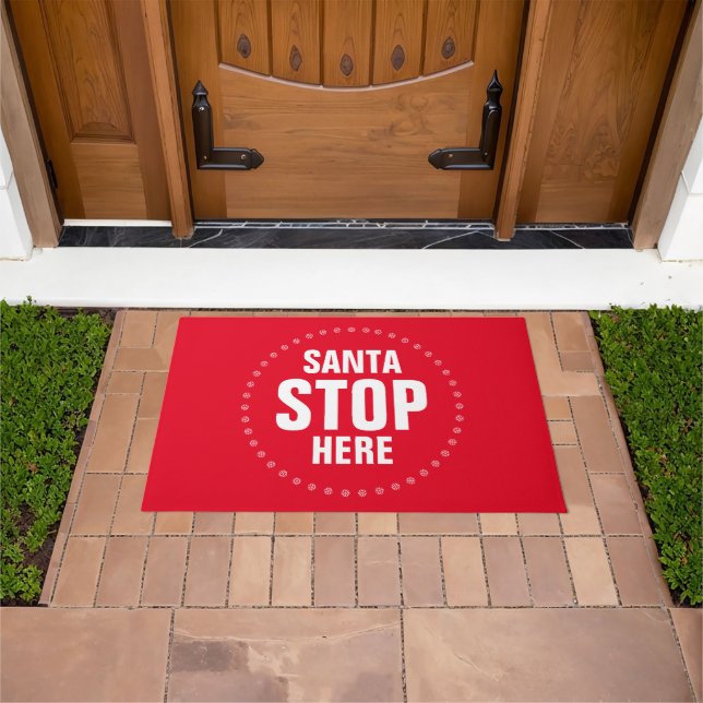 Santa Stop Here red & white cute funny Doormat (Outdoor)