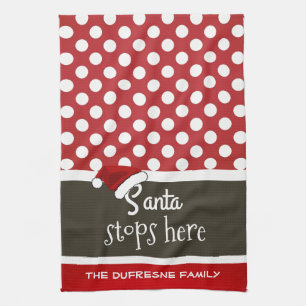 "Santa Stops Here" Christmas Polka Dots Tea Towel