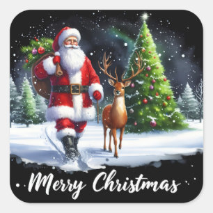Santa Strolls With Reindeer in Decorations Square Sticker